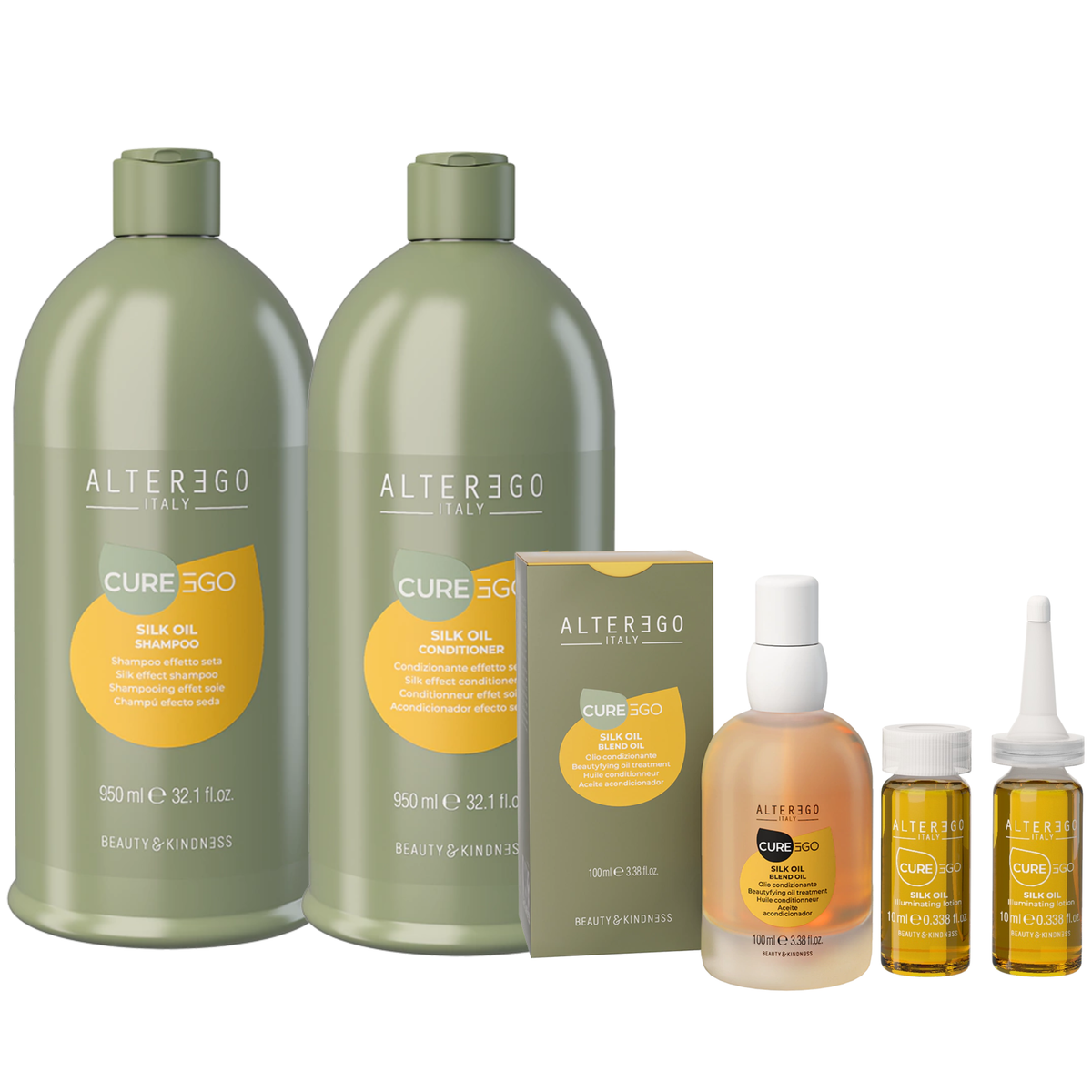 COMBO ESPECIAL ALTER EGO Silk Oil Sh+ Acond+Oil (+OBSEQUIO) 950mL