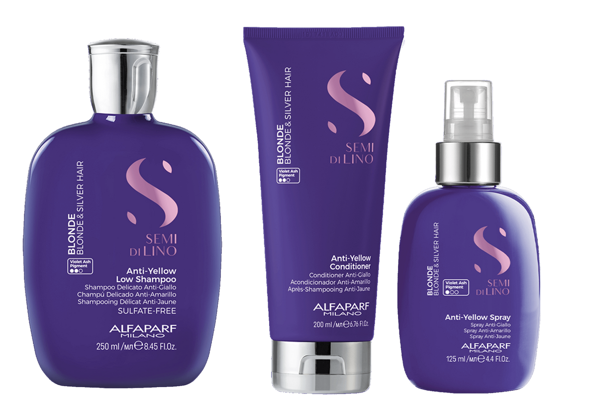 Kit Anti-Yellow Shampoo + Acondicionador + Fluido Alfaparf Blonde Semi Di Lino
